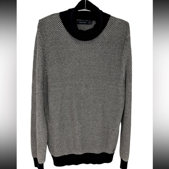 VINTAGE Nautica 100% Cotton Black and White Knit Patterned Turtleneck Sweater - Picture 5 of 11